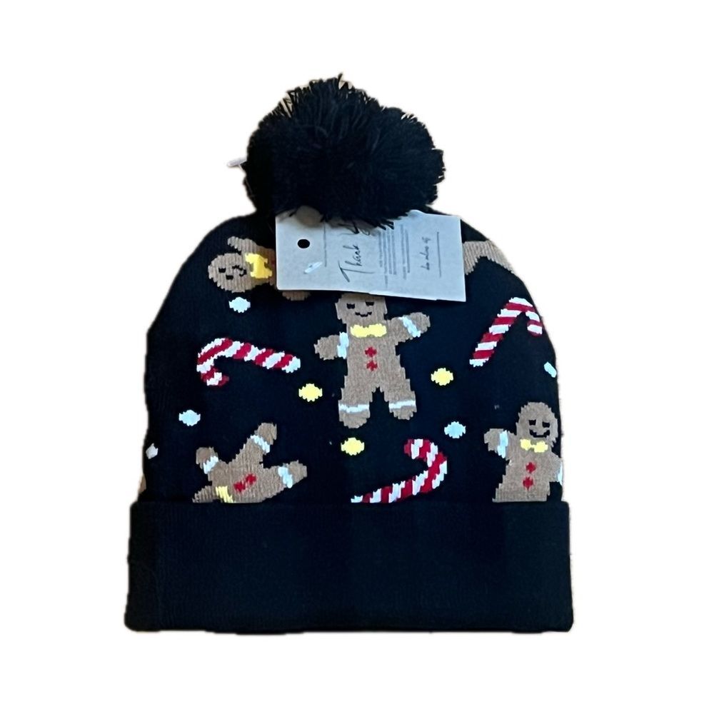 Boutique Gingerbread Pom-Pom Black Beanie One Size